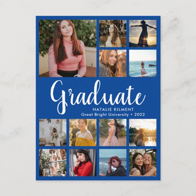 Graduate 14 Photo Collage Navy Blue Graduation Announcement Postcard (Front)