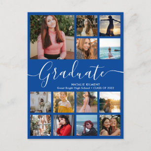 Graduate 14 Photo Collage Navy Blue Graduation Announcement Postcard