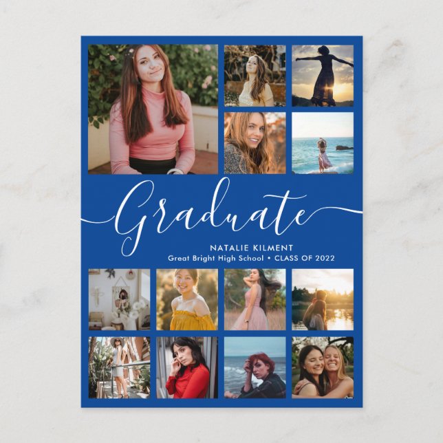 Graduate 14 Photo Collage Navy Blue Graduation Announcement Postcard (Front)