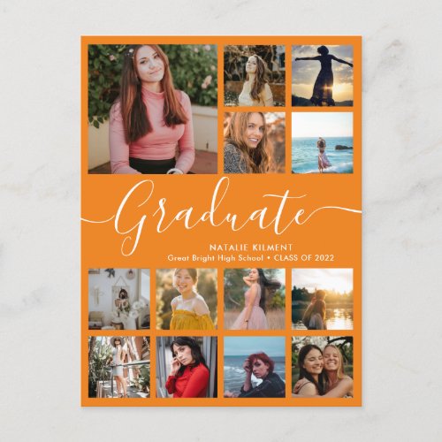 Graduate 14 Photo Collage Orange Graduation Announcement Postcard