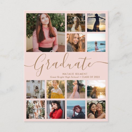 Graduate 14 Photo Collage Pink  Gold Graduation Announcement Postcard