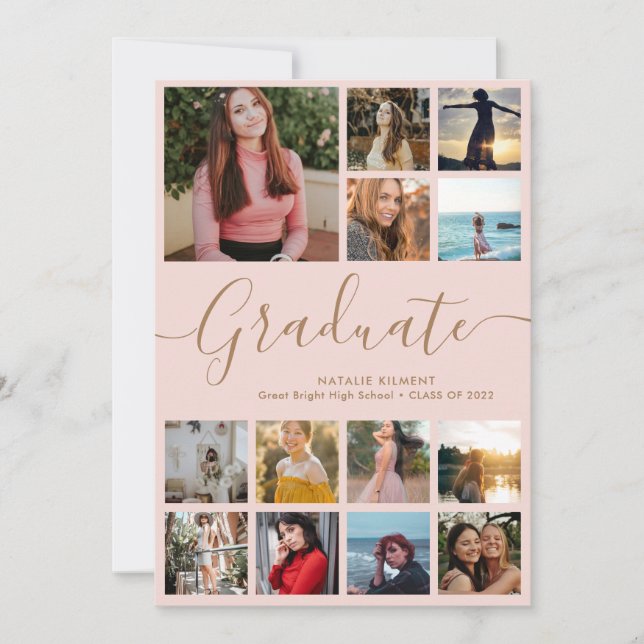 Graduate 14 Photo Collage Pink & Gold Graduation Invitation (Front)