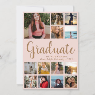 Graduate 14 Photo Collage Pink & Gold Graduation Invitation