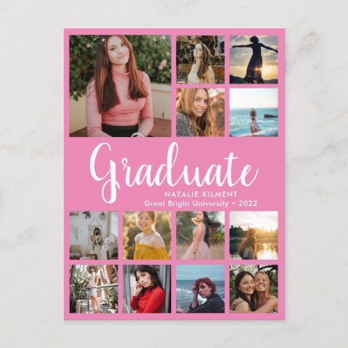 Graduate 14 Photo Collage Pink  White Graduation Announcement Postcard