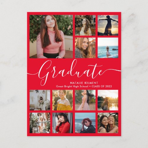 Graduate 14 Photo Collage Red and White Graduation Announcement Postcard
