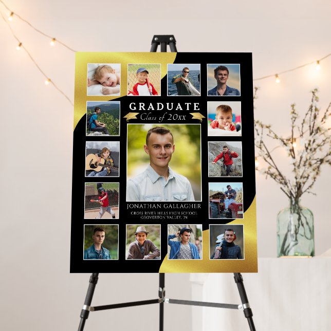 Graduate  15 Photo Collage Black Metallic Gold Foam Board (In Situ (Stand))