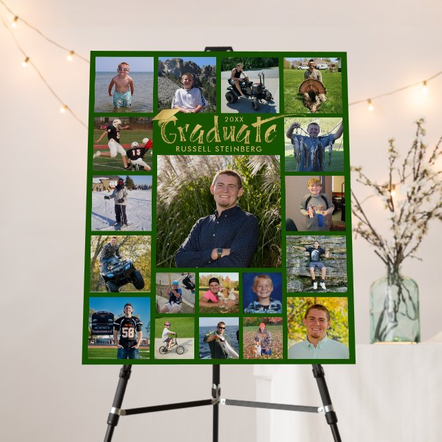 Graduate 19 Photo Collage Green Gold Brushstroke Foam Board (In Situ (Stand))
