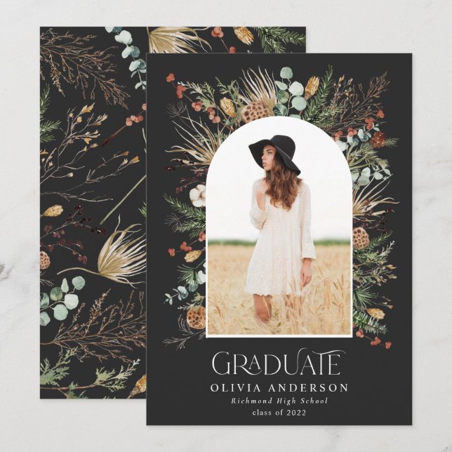 Graduate 1 photo arch watercolor botanical floral announcement (Front/Back)