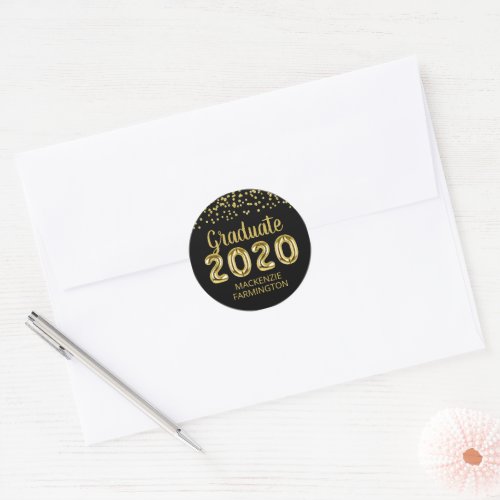 Graduate 2020 Balloon Letters Black Gold Confetti Classic Round Sticker