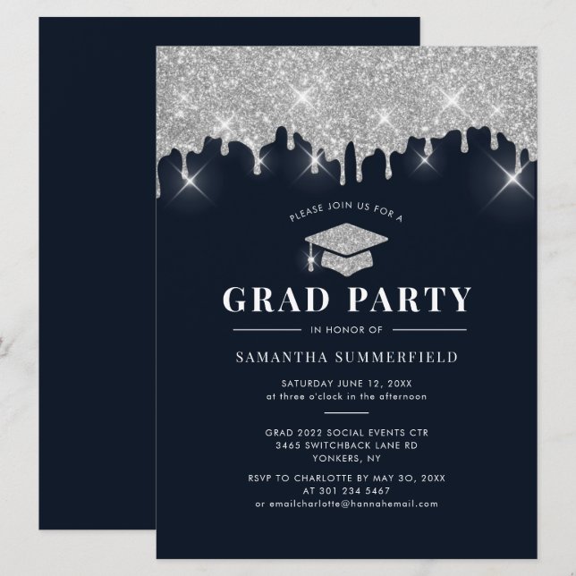 Graduate 2022 Navy Silver Glitter Graduation Party Invitation (Front/Back)