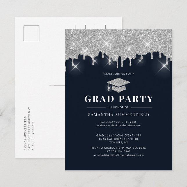 Graduate 2022 Navy Silver Glitter Graduation Party Invitation Postcard (Front/Back)