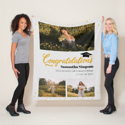 Graduate 2022 Photo Collage Gold Graduation Fleece Blanket