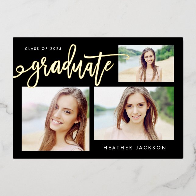 Graduate 2022 Trendy 3 Photo Collage Party Foil Invitation (Front)