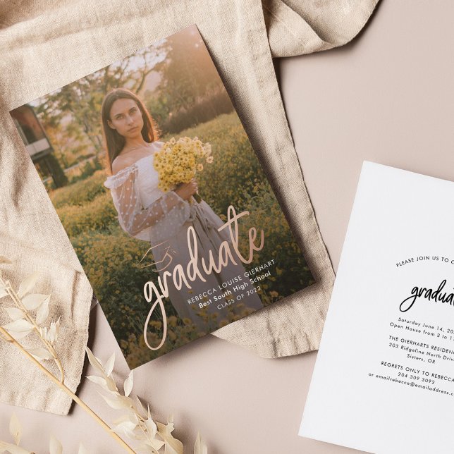 Graduate 2024 Modern Rose Gold Photo Graduation Foil Invitation (Graduation Party Rose Gold Foil Photo Invitation)