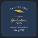 Graduate 2024 Script  Save the Date Grad Navy Blue Square Sticker<br><div class="desc">Create your own college or high school graduation party save the date with our modern trendy grad design template. Featuring a gold and black graduation cap,  script calligraphy,  and the graduation details you can easily customize to make a unique announcement for your graduation party</div>