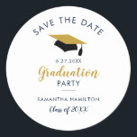 Graduate 2024 Script Save the Date Grad Party Classic Round Sticker<br><div class="desc">Create your own college or high school graduation party save the date with our modern trendy grad design template. Featuring a gold and black graduation cap,  script calligraphy,  and the graduation details you can easily customize to make a unique announcement for your graduation party</div>