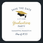 Graduate 2024 Script  Save the Date Grad Party Square Sticker<br><div class="desc">Create your own college or high school graduation party save the date with our modern trendy grad design template. Featuring a gold and black graduation cap,  script calligraphy,  and the graduation details you can easily customize to make a unique announcement for your graduation party</div>