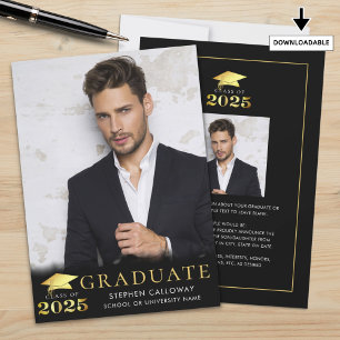Graduate 2025 Black Faux Metallic Gold 2 Photos Announcement