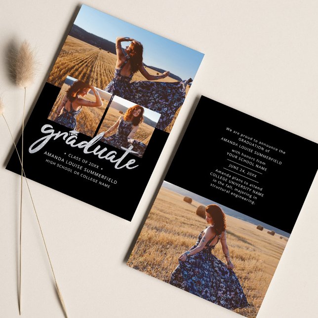 Graduate 2025 Black Script Grad Photo Collage Announcement (Graduate Photo Collage Modern Graduation Announcement)