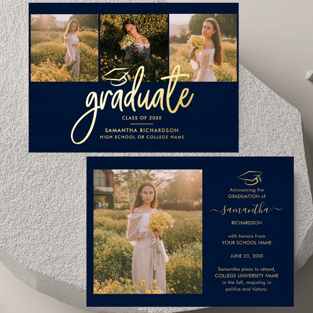 Graduate 2025 Photo Collage Navy Blue Gold Foil Invitation (Graduation 2025 Multi Photo Script Gold Foil Announcement)