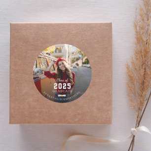 Graduate 2025 Red Photo Graduation Party Classic Round Sticker