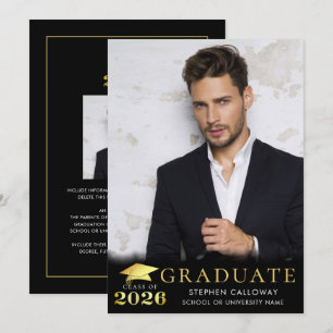 Graduate 2026 Black Faux Metallic Gold 2 Photos Announcement