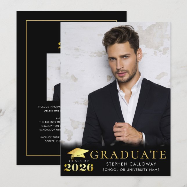 Graduate 2026 Black Faux Metallic Gold 2 Photos Announcement (Front/Back)