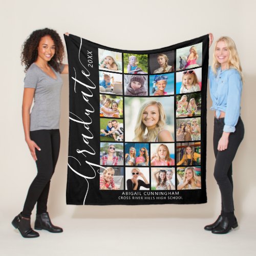 Graduate 21 Photo Collage Script Custom Color Fleece Blanket
