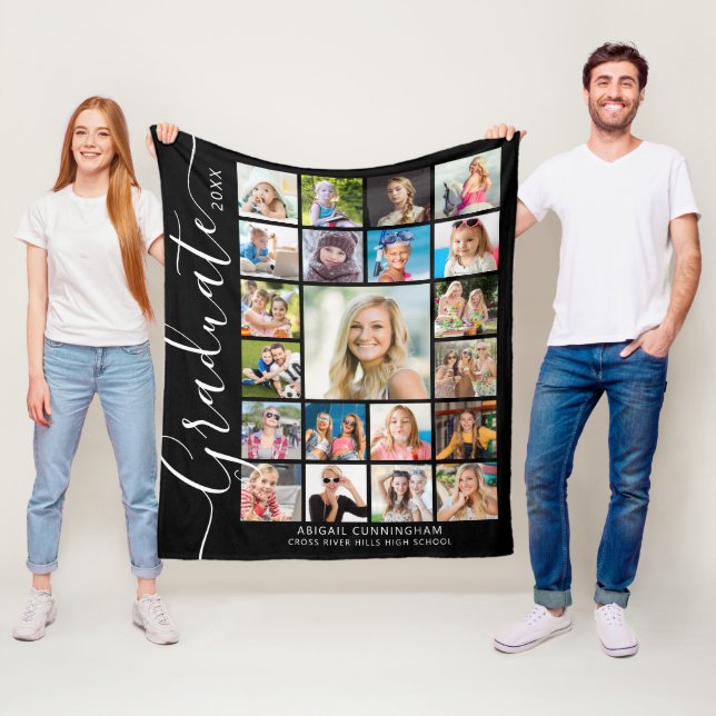 Graduate 21 Photo Collage Script Custom Color Fleece Blanket (In Situ)