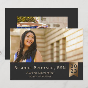 Graduate 2 Photo Black Gold Faux Foil Sash  Announcement