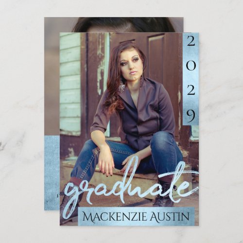 Graduate 2 Photo  Blue Script Cool Brush Keepsake Invitation