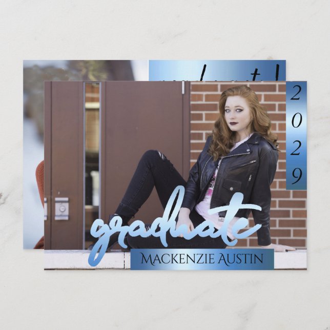 Graduate 2 Photo | Blue Script Cool Brush Keepsake Invitation (Front/Back)