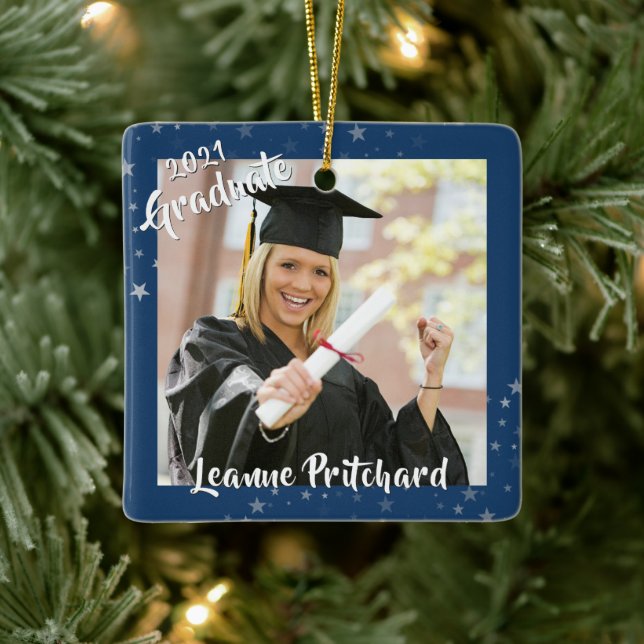 Graduate 2 Photo Blue Stars Brush Script Keepsake Ceramic Ornament (Tree)