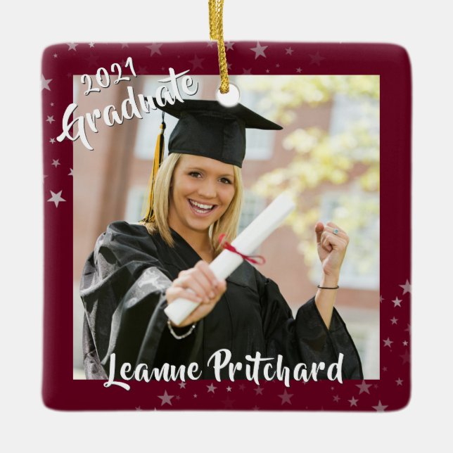 Graduate 2 Photo Maroon Brush Script Stars Ceramic Ornament (Front)