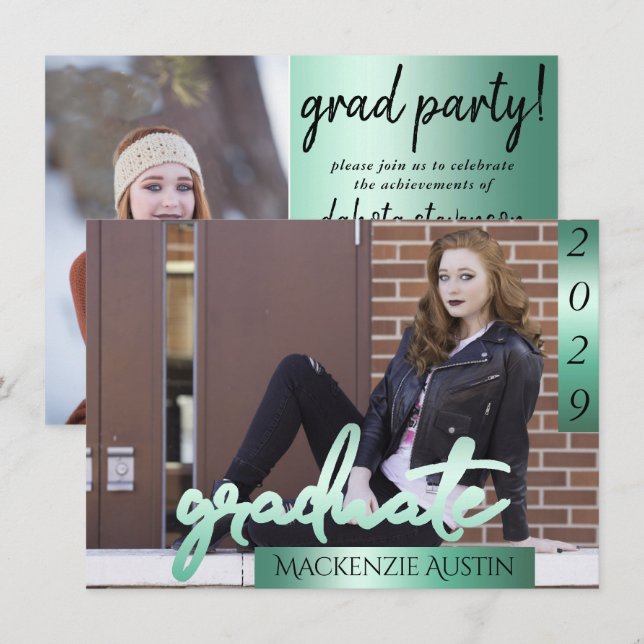 Graduate 2 Photo | Mint Light Green Brush Keepsake Invitation (Front/Back)