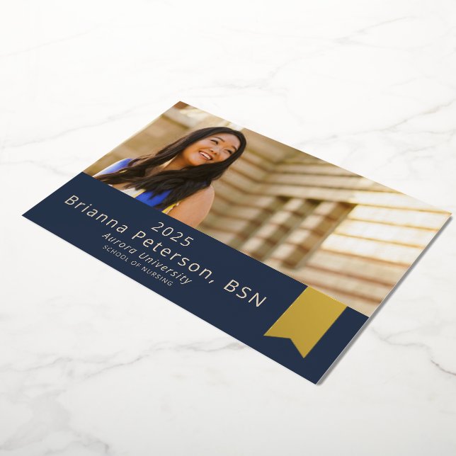 Graduate 2 Photo Navy Gold Foil Sash Foil Invitation (Rotated)