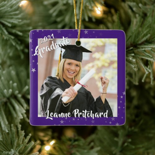 Graduate 2 Photo Purple Brush Script Stars Ceramic Ornament
