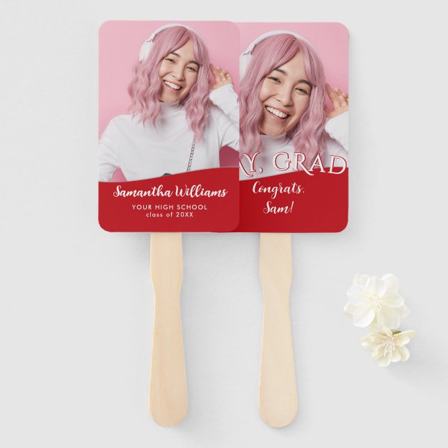 Graduate 2 Photo Script Yay Grad Personalized Hand Fan (Front and Back)