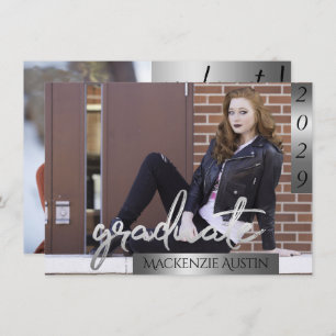 Graduate 2 Photo Silver Script Brush Graduation Invitation