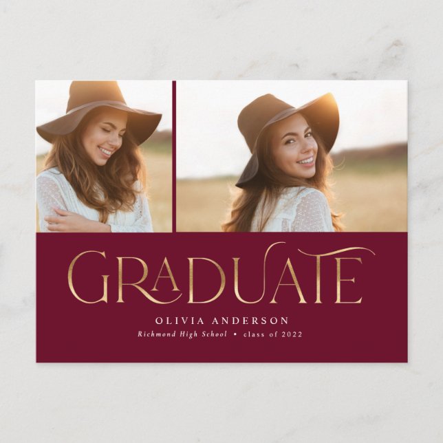 Graduate 2 photo watercolor botanical burgundy ann holiday postcard (Front)