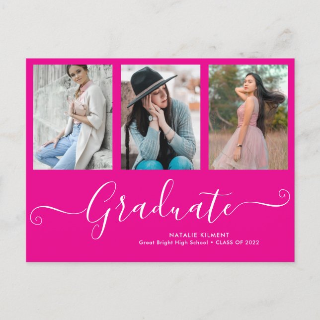 Graduate 3 Photo Collage Hot Pink Graduation Announcement Postcard (Front)