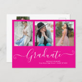Graduate 3 Photo Collage Hot Pink Graduation Announcement Postcard (Front/Back)