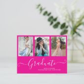 Graduate 3 Photo Collage Hot Pink Graduation Announcement Postcard (Standing Front)