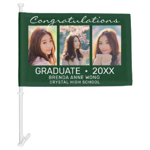 Graduate 3 Photo Collage Modern Script Green 2023 Car Flag