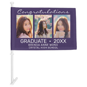 Graduate 3 Photo Collage Modern Script Purple 2023 Car Flag