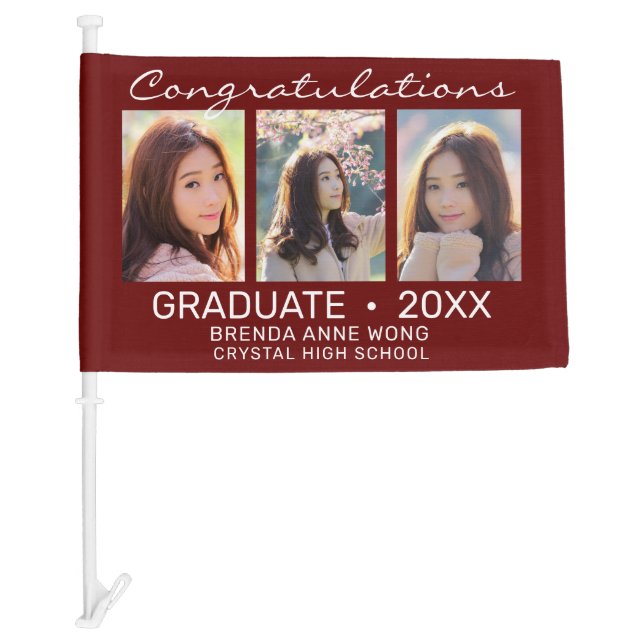 Graduate 3 Photo Collage Modern Script Red 2023 Car Flag (Front)
