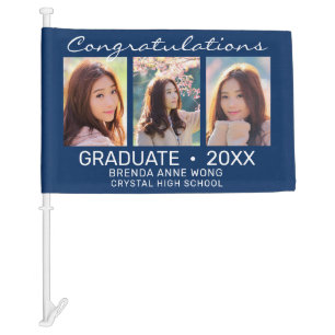Graduate 3 Photo Collage Modern Script Royal Blue Car Flag