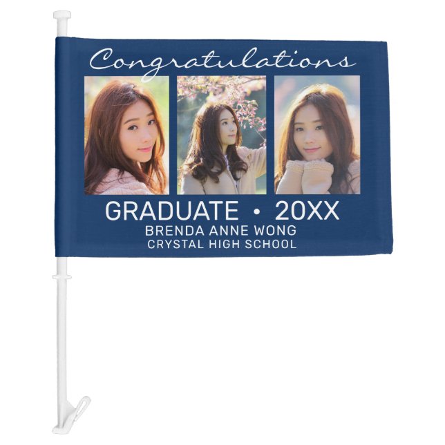 Graduate 3 Photo Collage Modern Script Royal Blue Car Flag (Front)