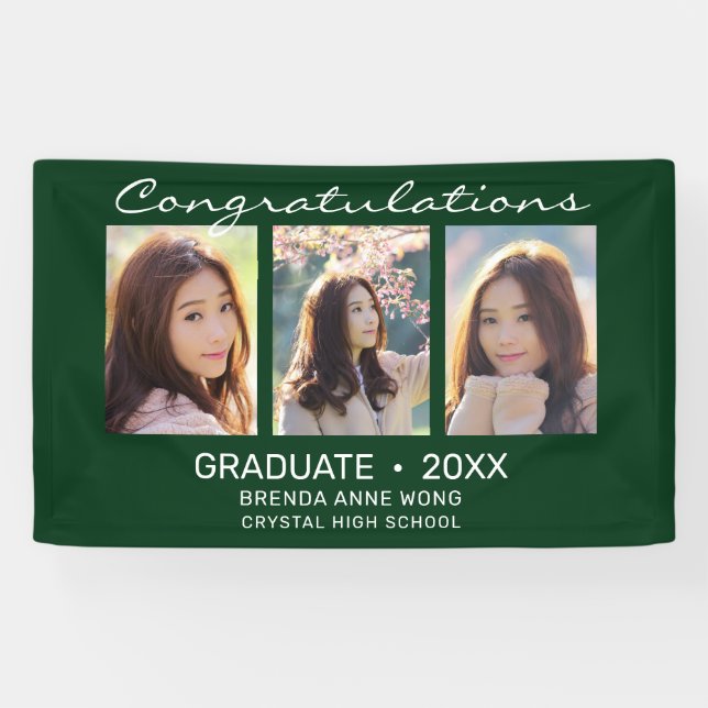 Graduate 3 Photo Collage White Script Green 2023 Banner (Horizontal)