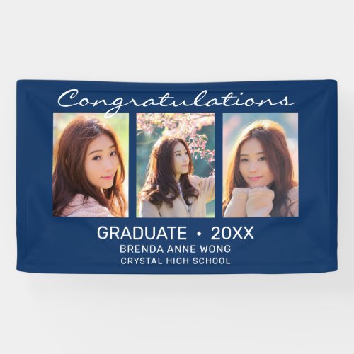Graduate 3 Photo Collage White Script Royal Blue Banner